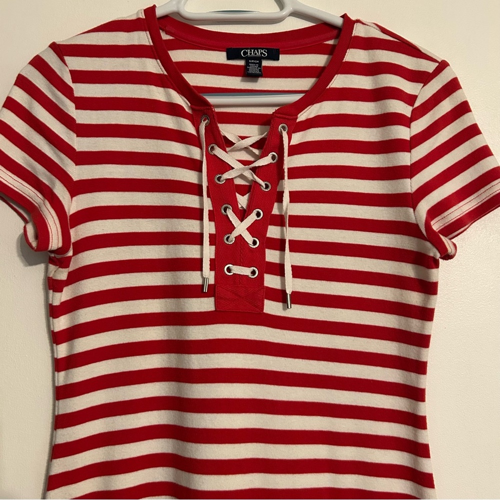 Chaps Red & White Lace-Up Striped Short Sleeve Mini Dress Small Patriotic USA